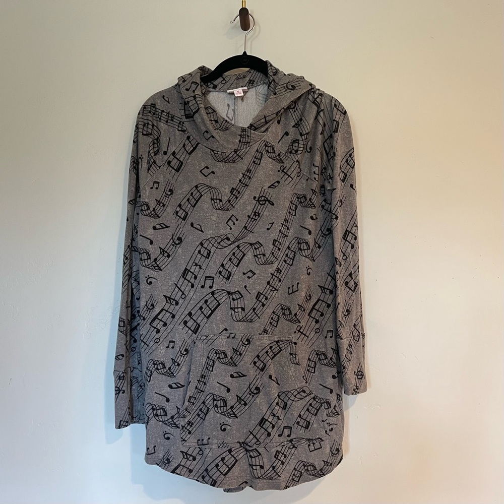 Lularoe Amber Hooded Long Sleeve Gray and Black Top with Music Notes Medium